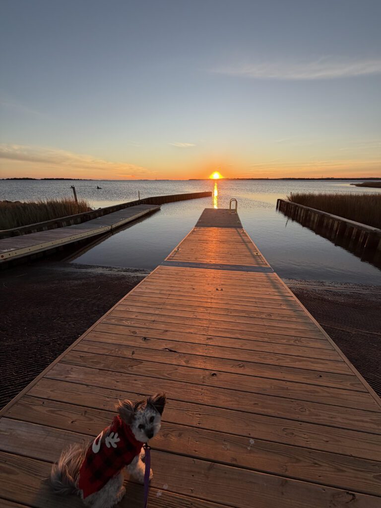 Sunset over a wooden dock at Carolina Beach — Million Pebbles team photo